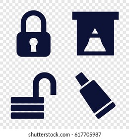 Closed icons set. set of 4 closed filled icons such as cream tube, opened lock, lock