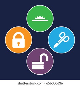 Closed icons set. set of 4 closed filled icons such as lock, manicure scissors, opened lock