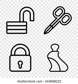 Closed icons set. set of 4 closed outline icons such as lock, manicure scissors, cream tube