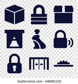 Closed icons set. set of 9 closed filled icons such as sliding doors, cream tube, lock, camera wheel, box