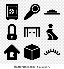 Closed icons set. set of 9 closed filled icons such as sliding doors, cream tube, eyelashes, safe, camera wheel, lock home, door knob, box