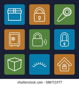 closed icons set. Set of 9 closed outline icons such as lock, eyelashes, Safe, lock home, door knob