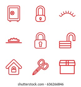 Closed icons set. set of 9 closed outline icons such as manicure scissors, eyelashes, safe, opened lock, camera wheel, lock home, box