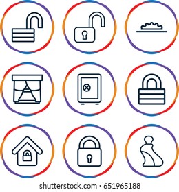 Closed icons set. set of 9 closed outline icons such as lock, cream tube, safe, opened lock, camera wheel