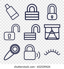 Closed icons set. set of 9 closed outline icons such as cream tube, eyelashes, lock, opened lock, door knob, open lock
