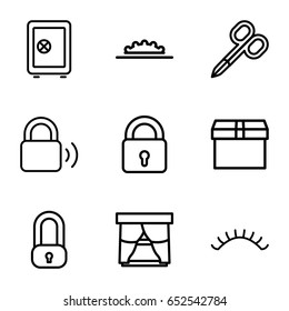 Closed icons set. set of 9 closed outline icons such as lock, manicure scissors, eyelashes, safe, camera wheel, box