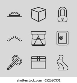 Closed icons set. set of 9 closed outline icons such as manicure scissors, cream tube, eyelashes, safe, camera wheel, box, lock