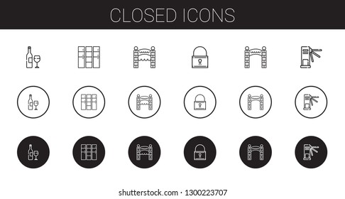 closed icons set. Collection of closed with wine bottle, locker, entrance, padlock, turnstiles. Editable and scalable closed icons.