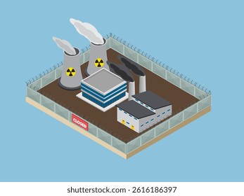 Closed Industrial Power Plant with Nuclear and Coal Emissions 3d flat vector illustrations