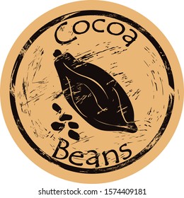 Closed intact cocoa fruit and beans icon vector round shabby emblem, old retro style. Cocoa plant for chocolate logo mail stamp on craft paper. Cooking ingredient vintage grunge sign. Cacao-tree fruit