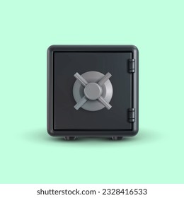 Geschlossene schwarze Tresorbox aus Eisen im realistischen Cartoon-Stil. Helles modernes Design-Element. Kreative, bunte Kunst, 3D-Vektorgrafik einzeln auf Farbhintergrund.