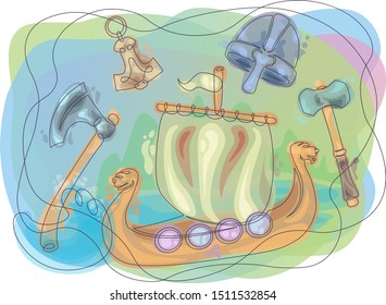 Closed isolated one continuous line doodle set of viking age symbols, helmet, ax, boat rook, ship with sail, hammer. Gradient Background Fill Color