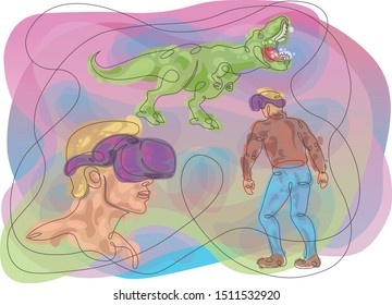 Closed isolated one continuous line doodle virtual reality helmet character, journey into the past, prehistoric animal, dinosaur. Gradient Background Fill Color