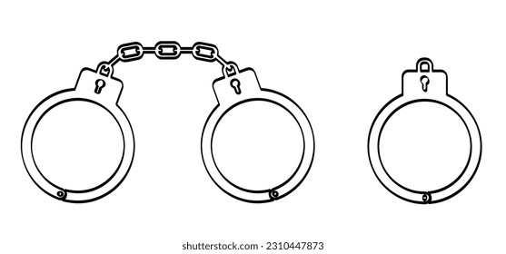 Esposas cerradas en la cárcel. Esposas de caricatura. Esposas vectoras, manáculos o grilletes arrestos. Equipo policial. Encadenado, esposado de manos, para ladrón, prisión y detención. Símbolo del crimen. Esposas de la policía.