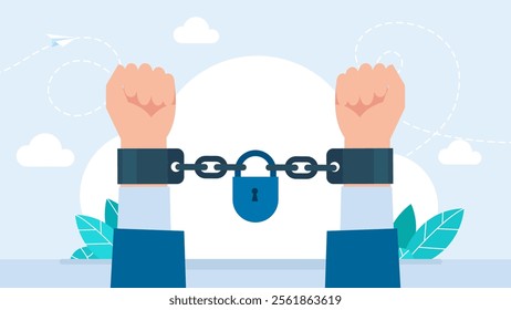 Closed jail cuffs. Cartoon handcuffs. Chained, handcuffed hands. Crime symbol. Metal handcuffs on hands for criminal cases such as fraud and other crimes. Clenched Fists. Vector Illustration.