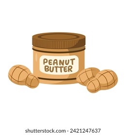 A closed jar of peanut butter. Peanuts in their shells lie next to it