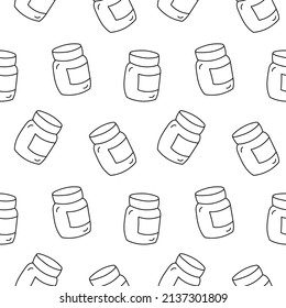 Closed Jar Seamless Pattern Doodle Outline Vector. Texture For Background, Menu, Print, Label, Packaging, Merchandise, Showcase, Book, Poster, Fabric.