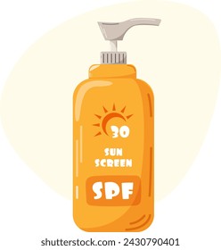 Closed jar of sunscreen with dispenser. Cream with SPF blocks the sun's rays. Product for the “Summer Protection” set. Sun safety vector illustration.