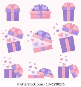 Closed, jumping and open gift boxes. Saint Valentine's present flat vector illustrations set. Pink and violet gift boxes with hearts.