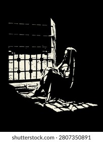 Closed kidnap caught young female child sit lone danger cage sad look historic dark stone room wait court think crazy stress. Despair fear abuse bad guilt dirty teen kid boy guy slave iron metal confine cry ask god retro hand draw art door gate grate