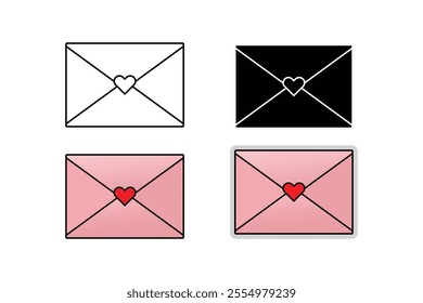 Closed letter envelope icon, love letter with red heart. Outline, silhouette, cartoon and sticker style.
