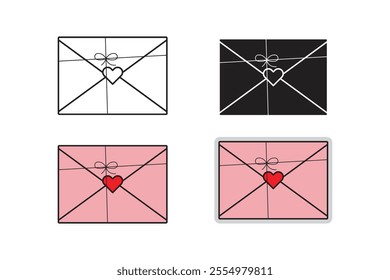 Closed letter envelope icon with string, love letter with red heart. Outline, silhouette, cartoon and sticker styles.