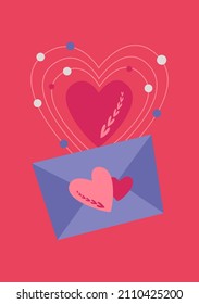 A closed letter and hearts. Vector image in boho style. valentine's day. A greeting card with a declaration of love.