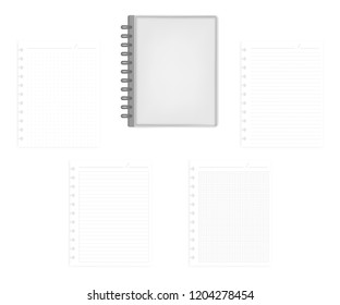 Closed letter size disc bound notebook with set of various ruled hole punched filler paper sheets, vector mock up. Gray leather discbound business diary, template