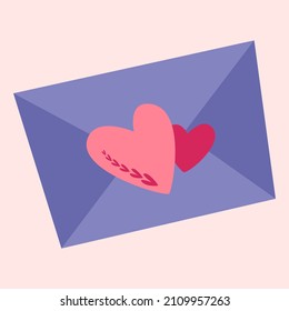 A closed letter and two hearts. Vector image in boho style. valentine's day. A greeting card with a declaration of love.