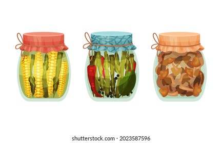 Closed with Lid Glass Jar with Preserved Corn and Asparagus Vector Set