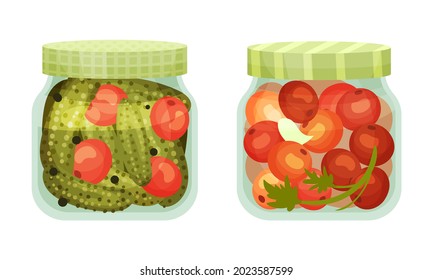 Closed with Lid Glass Jar with Preserved Tomato and Cucumber Vector Set