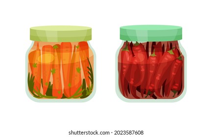 Closed with Lid Glass Jar with Preserved Carrot and Chilli Pepper Vector Set