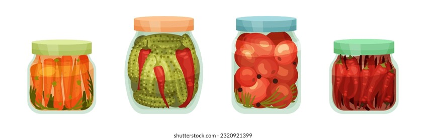 Closed with Lid Glass Jar with Preserved Food Vector Set