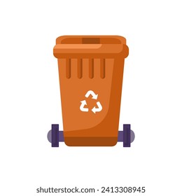 Contenedor de tapa cerrada transportable para almacenamiento, reciclado y clasificación de residuos textiles domésticos usados. Caja de basura cerrada vacía y llena con el signo de reciclaje. Vector de dibujos animados de color