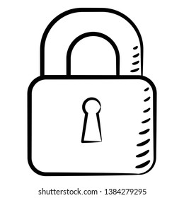 
Closed lock hand-drawn black outline on a white background. Stock vector illustration. Settings. Icon. Sketch. Symbol.