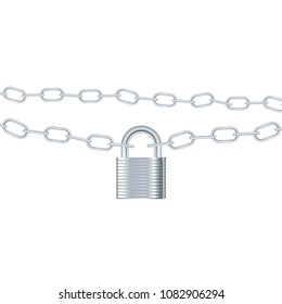 Closed lock hanging on chain isolated on white background
