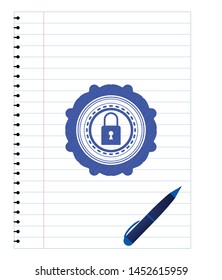 closed lock icon draw (pen strokes). Blue ink. Vector Illustration. Detailed.