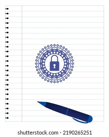 closed lock icon drawn with pen strokes. Blue ink. Vector Illustration. Detailed. 