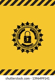 closed lock icon grunge black emblem with yellow background, warning sign. Vector Illustration. Detailed.