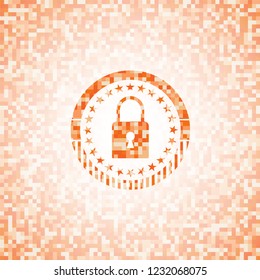 closed lock icon inside abstract orange mosaic emblem