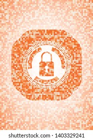 closed lock icon inside abstract orange mosaic emblem