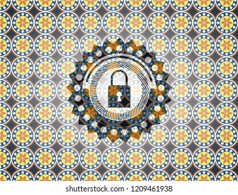 closed lock icon inside arabesque style emblem. arabic decoration.