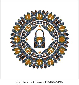 closed lock icon inside arabic emblem. Arabesque decoration.