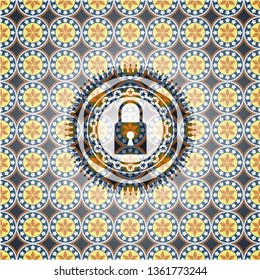 closed lock icon inside arabic badge. Arabesque decoration.