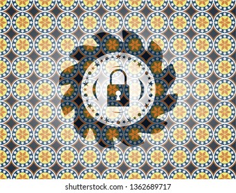 closed lock icon inside arabic badge background. Arabesque decoration.