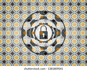 closed lock icon inside arabic emblem. Arabesque decoration.