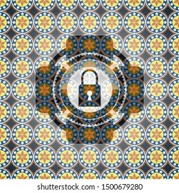 closed lock icon inside arabic emblem. Arabesque decoration.
