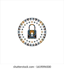 closed lock icon inside arabic emblem. Arabesque decoration.