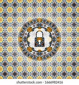closed lock icon inside arabic badge. Arabesque decoration.