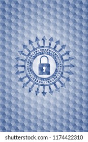 closed lock icon inside blue emblem or badge with abstract geometric polygonal pattern background.